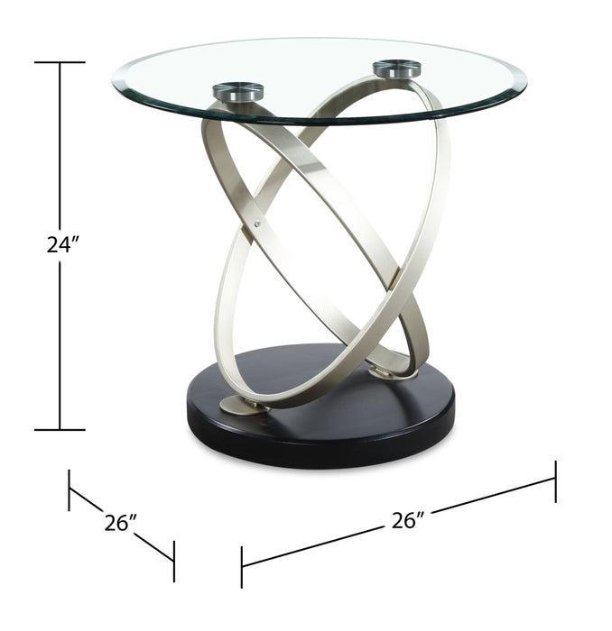 Table de bout ronde moderne Vikki de 26 po avec dessus en verre - verre avec base en métal