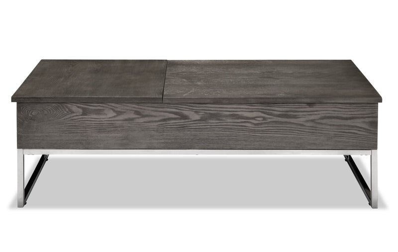 Table à café moderne Echo de 47,25 po avec dessus relevable et rangement - brune avec pattes en métal argenté