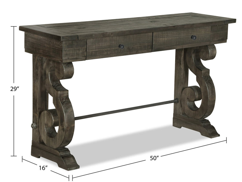 Table de salon traditionnelle Bellamy de 50 po avec rangement - pin brun foncé avec base en bois à volutes