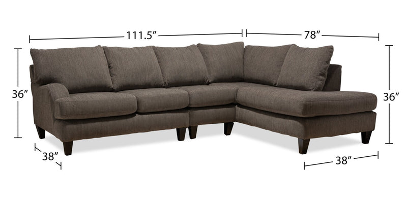 Sofa sectionnel de droite Nofia 3 pièces fabriqué au Canada en chenille avec coussins décoratifs et pattes en bois - gris anthracite