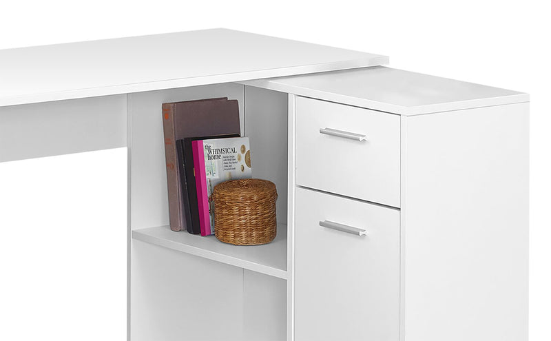 Bureau en forme de L Zoey de 46 po avec compartiments, tiroir et armoire - blanc