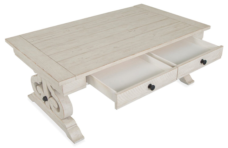 Table à café traditionnelle Bronwyn de 50 po avec rangement - pin albâtre avec base en bois à volutes