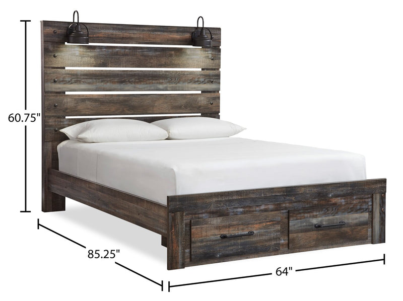 Ensemble de chambre à coucher Abby 5 pièces avec lit de rangement, commode, miroir, lumière DEL et port USB, brun - format grand lit