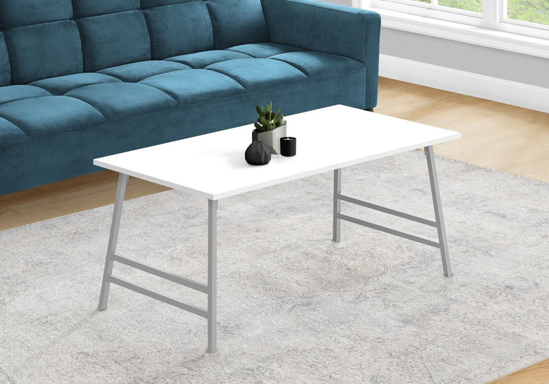 Table à café moderne Atlas de 40 po - dessus blanc avec pattes en métal gris
