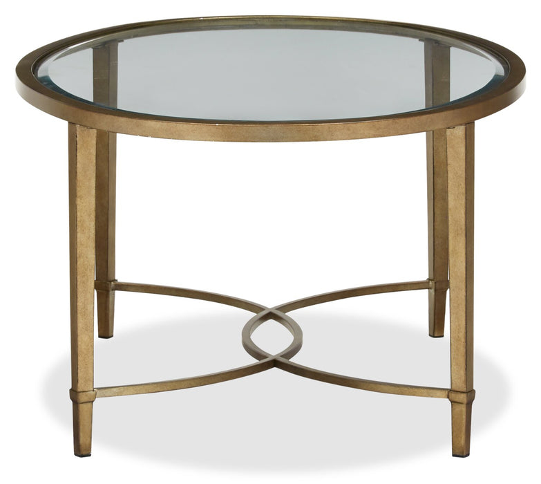 Table à café ovale traditionnelle Copia de 50 po avec dessus en verre - argentée et dorée avec base en métal