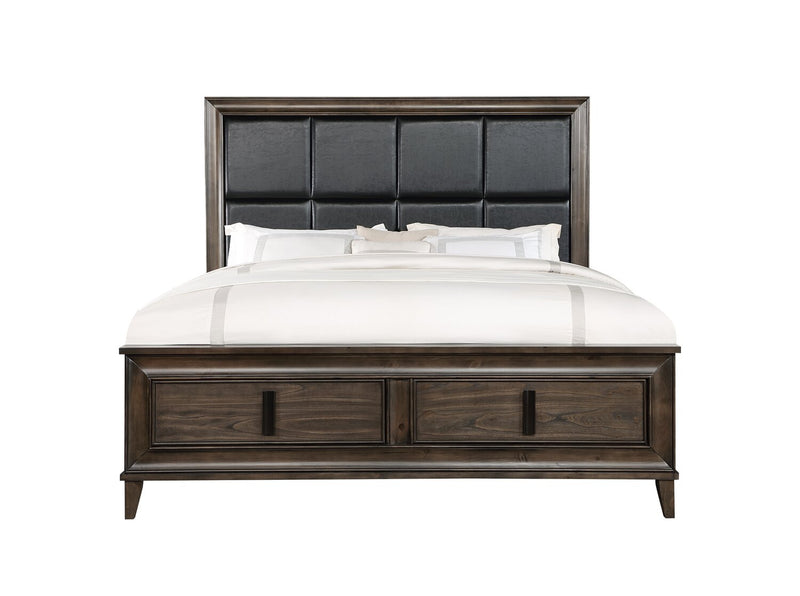 Ensemble de chambre à coucher Kane 5 pièces en cuir végétalien avec lit de rangement, commode et miroir, brun - format très grand lit