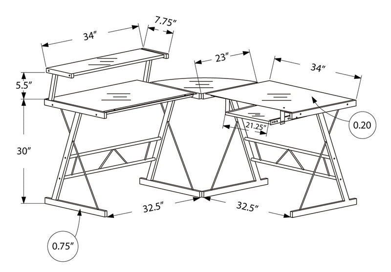 Bureau en forme de L Elias de 57 po en verre - armature noire