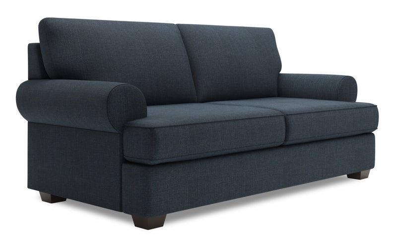 Sofa personnalisable Roll de Sofa Lab de 76 po de format condo fabriqué au Canada en tissu d’apparence lin avec accoudoirs enroulés - bleu Luna Sailor