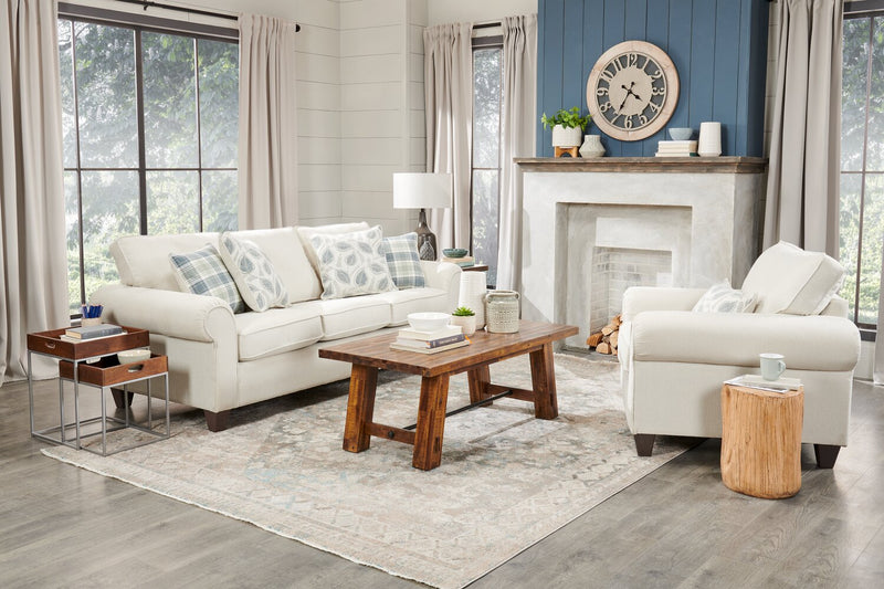 Sofa Scarlett de 87 po fabriqué au Canada en tissu de chenille avec accoudoirs enroulés et coussins décoratifs - beige écru