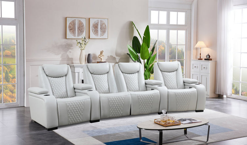 Sofa sectionnel à inclinaison électrique Cinema 5 pièces en apparence cuir avec appuie-têtes électriques - gris brume cosmique