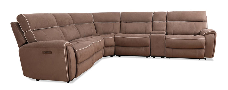 Sofa sectionnel à inclinaison électrique Newport de Cindy Crawford Home 6 pièces en suédine avec console de rangement et port USB - taupe