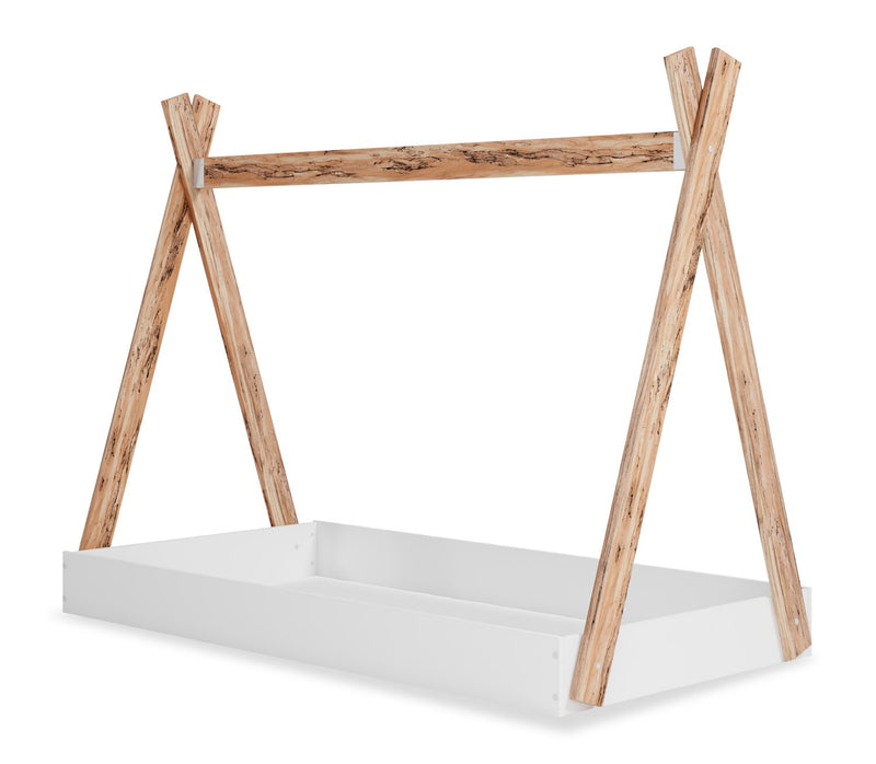 Lit plateforme Wolf en forme de tente pour enfants, deux teintes, blanc et naturel - format lit simple