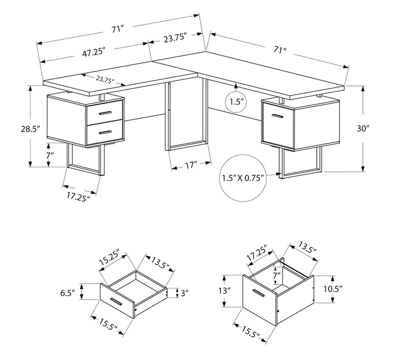 Bureau en coin en forme de L réversible Marnie de 71 po à 3 tiroirs - taupe foncé