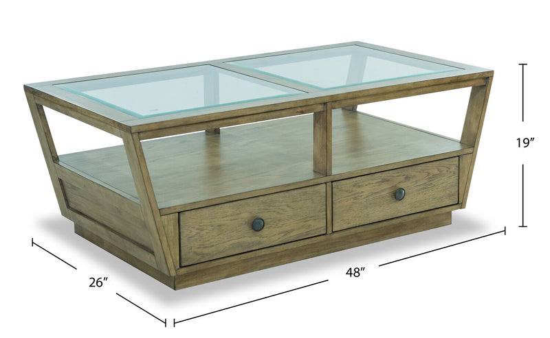 Table à café traditionnelle Esme de 48 po avec dessus en verre, rangement et tablette - bois brun clair