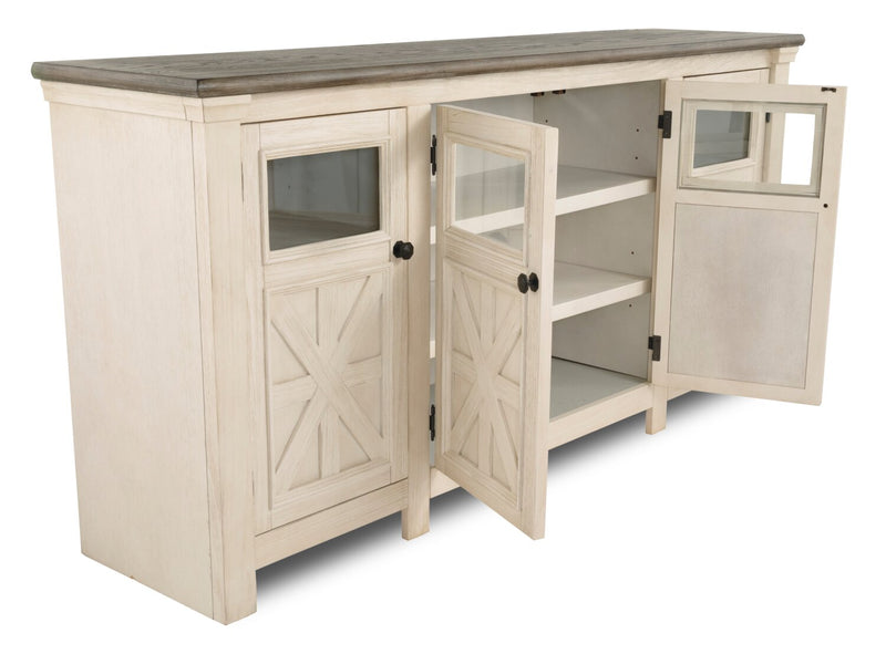 Meuble pour téléviseur rustique Bolanburg de 75 po avec rangement et système de gestion des câbles pour téléviseurs jusqu’à 85 po - blanc antique 