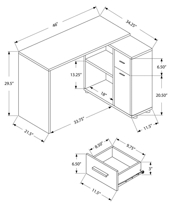 Bureau en forme de L Zoey de 46 po avec compartiments, tiroir et armoire - gris