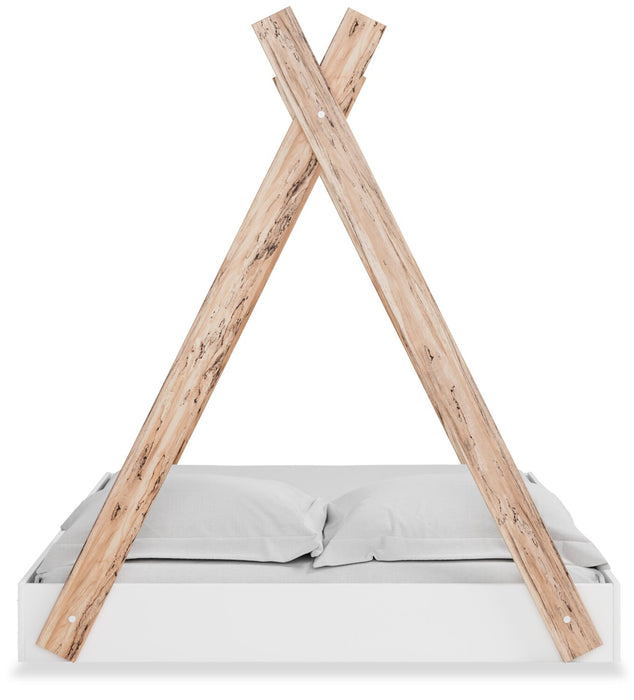 Lit plateforme Wolf en forme de tente pour enfants, deux teintes, blanc et naturel - format lit double
