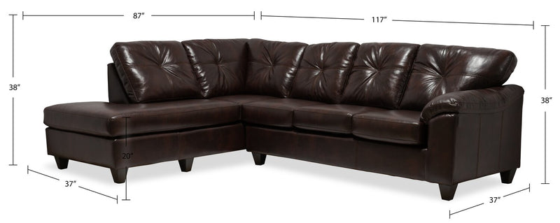 Sofa sectionnel de gauche Addison 2 pièces fabriqué au Canada en tissu d’apparence cuir avec coussins de siège amovibles - brun