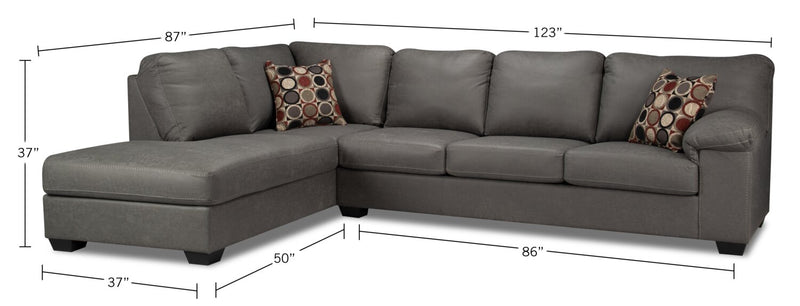 Sofa sectionnel de gauche Morty 2 pièces fabriqué au Canada en tissu d’apparence cuir avec sofa et coussins décoratifs - gris