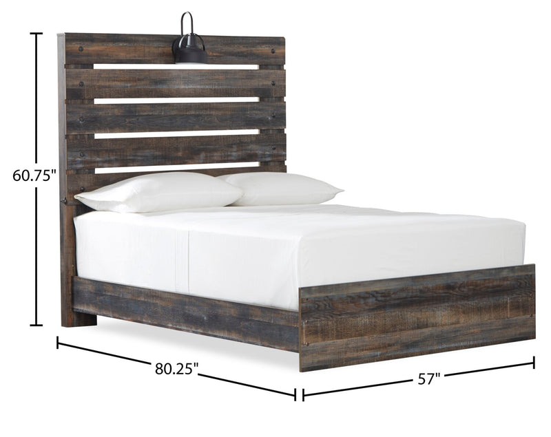 Ensemble de chambre à coucher Abby 5 pièces avec lit à panneau, commode, miroir, lumière DEL et port USB, brun - format lit double