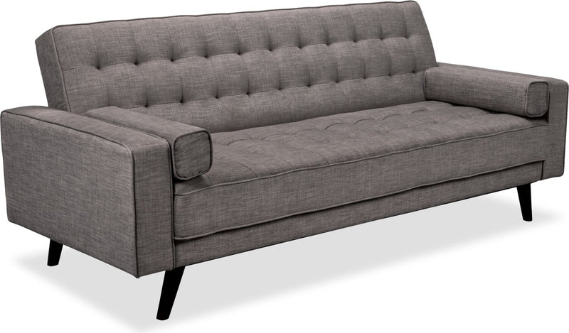 Futon Avery de 81,5 po en tissu d’apparence lin avec mécanisme Klik Klak, capitonnage et deux accoudoirs coussinés - gris