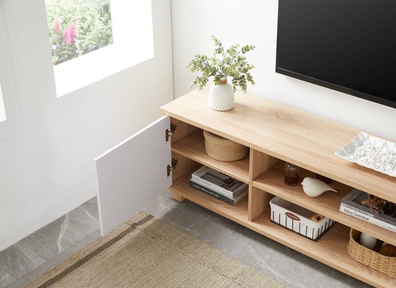 Meuble pour téléviseur Aiden de Kort & Co. de 72 po avec rangement et système de gestion des câbles pour téléviseurs jusqu’à 80 po - naturel et blanc