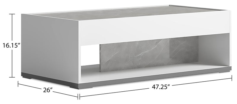 Table à café moderne Marla de 47,25 po avec tablette - blanche et grise avec imitation de marbre