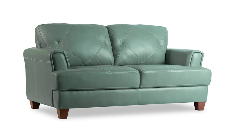 Causeuse Vita de Château d’Ax de 70 po en cuir 100 % véritable avec coutures à motif de diamant et pattes en bois - vert écume de mer