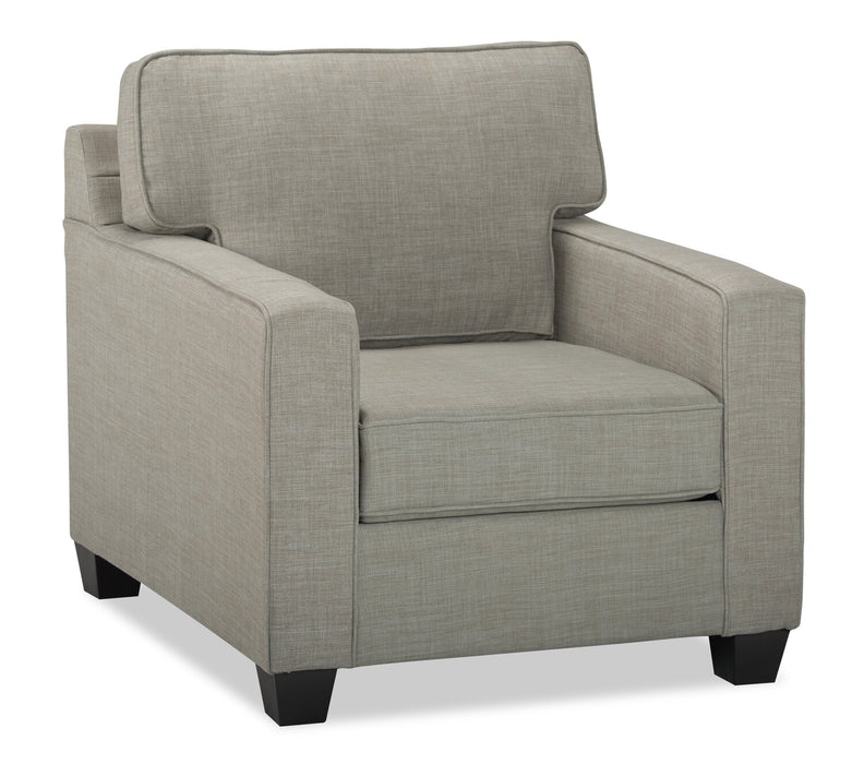 Fauteuil Sawyer de 35 po fabriqué au Canada en tissu d’apparence lin avec coussins réversibles et accoudoirs rectilignes - gris clair