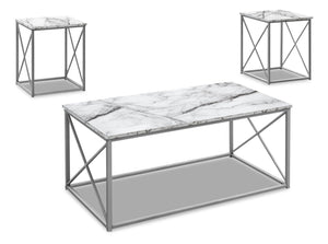 Ensemble 3 tables modernes Kasey de 42,25 po (table à café et 2 tables de bout) - imitation de marbre blanc avec base en métal gris