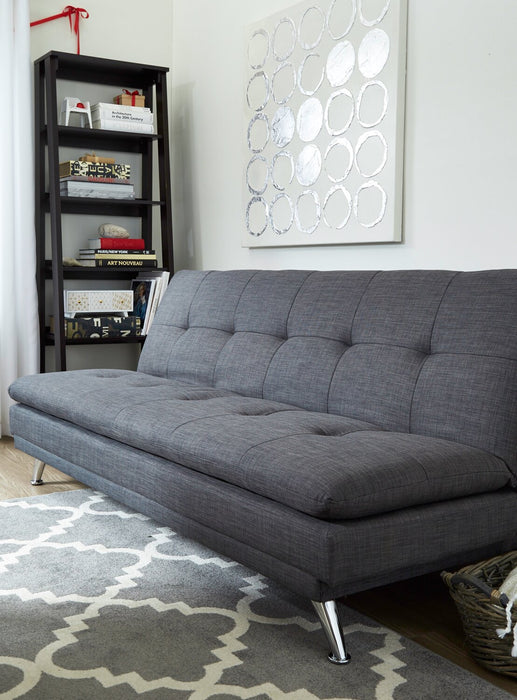 Futon June de 73,2 po en tissu d’apparence lin avec mécanisme Klik Klak, pattes en métal et capitonnage - gris