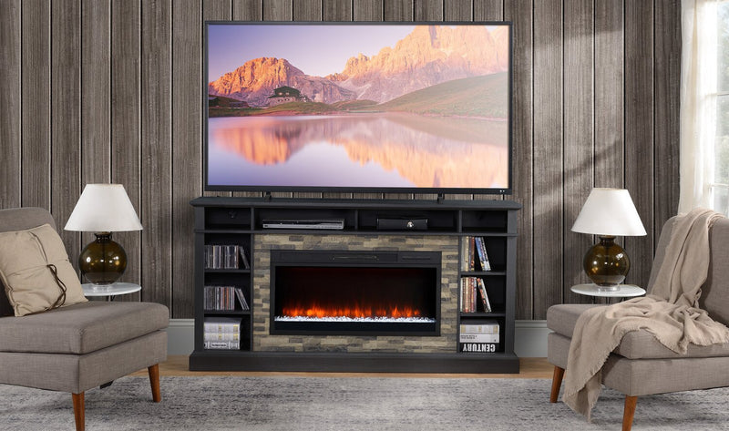 Meuble pour téléviseur Lappland de 70 po avec foyer électrique, rangement et système de gestion des câbles pour téléviseurs jusqu’à 80 po - noir