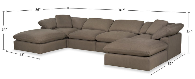 Sofa sectionnel modulaire Eclipse 6 pièces en tissu d’apparence lin avec poufs et coussins réversibles en duvet et plumes - gris ardoise