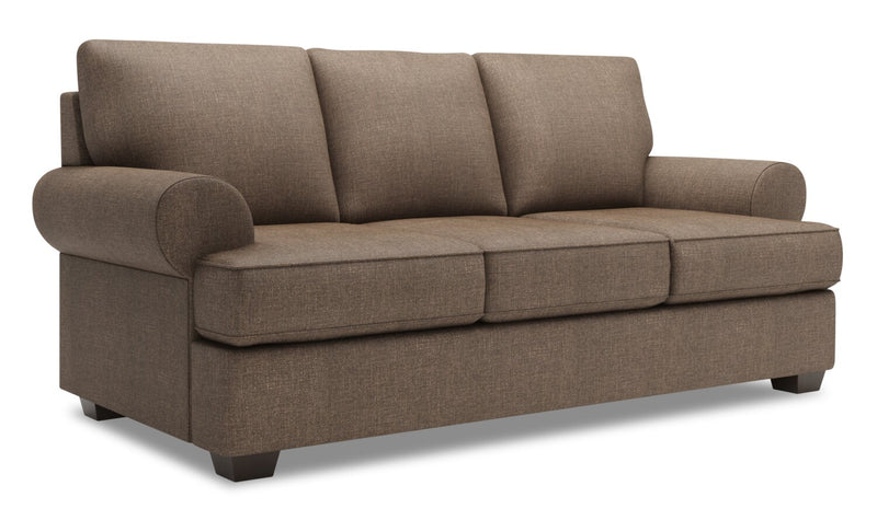 Sofa-lit personnalisable Roll de Sofa Lab de 86 po fabriqué au Canada en tissu d’apparence lin avec accoudoirs enroulés - brun Luna Praline