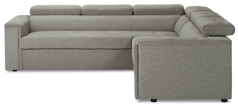 Sofa sectionnel de gauche Savvy 2 pièces en tissu d’apparence lin avec appuie-têtes réglables, porte-gobelets et port USB - gris
