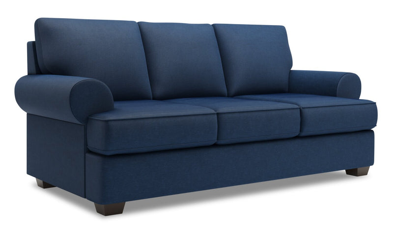 Sofa-lit personnalisable Roll de Sofa Lab de 86 po fabriqué au Canada en tissu d’apparence lin avec accoudoirs enroulés - bleu Pax Navy