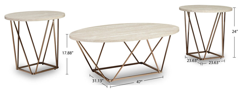 Ensemble 3 tables ovales modernes Tarica de 47 po (table à café et 2 tables de bout) - crème et doré avec pattes en métal