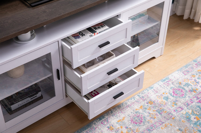 Meuble audio-vidéo Melody 3 pièces de 100 po avec rangement et système de gestion des câbles pour téléviseurs jusqu’à 65 po - blanc