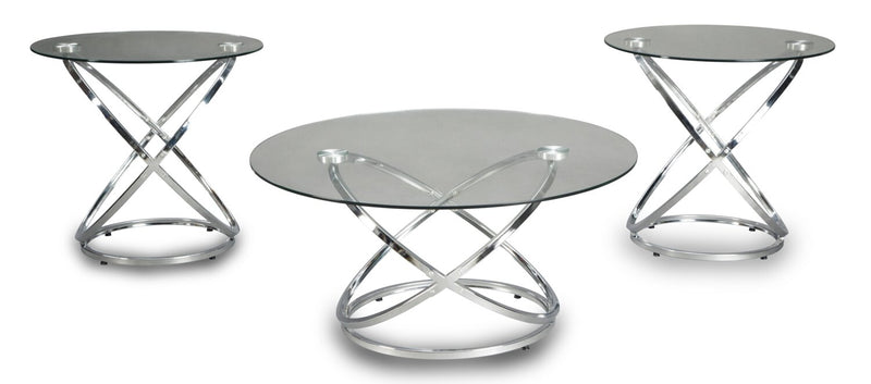 Ensemble 3 tables rondes somptueuses Hollynx de 38 po (table à café et 2 tables de bout) - base en métal argenté avec dessus en verre