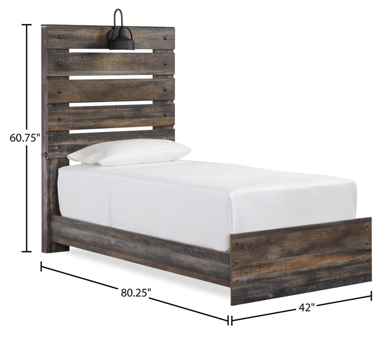 Ensemble de chambre à coucher Abby 5 pièces pour enfants avec lit à panneau, commode, miroir, lumière DEL et port USB, brun - format lit simple