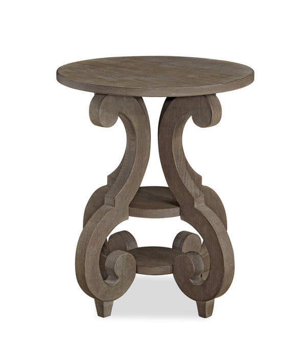 Table de bout ronde traditionnelle Tinley Park de 22 po avec tablette - pin gris-brun avec base à volutes