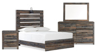 Ensemble de chambre à coucher Abby 6 pièces avec lit à panneau, commode, miroir, table de nuit, lumière DEL et port USB, brun - format lit double