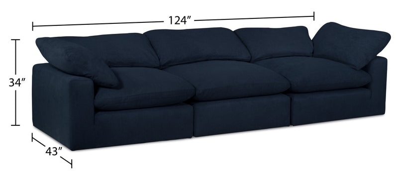 Sofa modulaire Eclipse de 124 po en tissu d’apparence lin avec coussins réversibles en duvet et plumes - bleu marine
