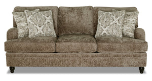 Sofa Bellmont de 89 po fabriqué au Canada en tissu de chenille avec coussins réversibles et pattes en bois - brun caramel