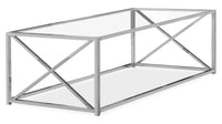 Table à café moderne Coral de 44 po avec dessus en verre - chromée avec base en métal