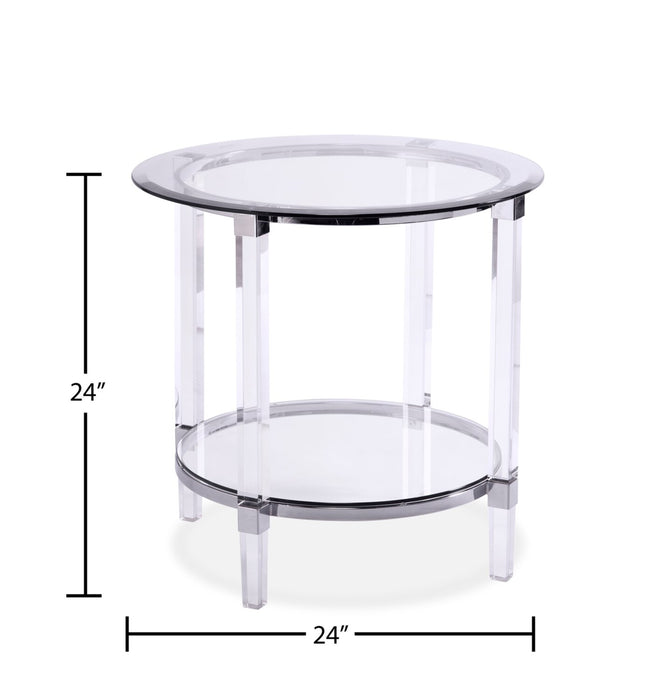 Table de bout ronde somptueuse Enzo de 24 po avec tablette - dessus en verre avec base en métal et en acrylique