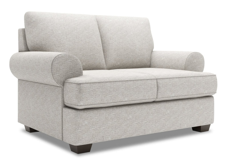 Causeuse personnalisable Roll de Sofa Lab de 64 po fabriquée au Canada en tissu d’apparence lin avec accoudoirs enroulés - argenté Luxury Silver