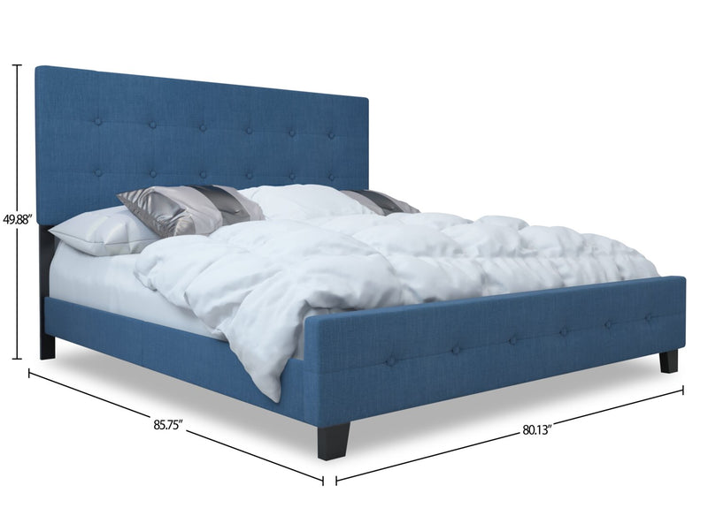 Lit rembourré Page en tissu d’apparence lin bleu avec capitonnage à boutons - format très grand lit