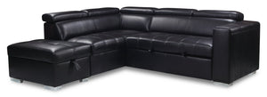 Sofa-lit sectionnel de gauche Drake 3 pièces en tissu d’apparence cuir avec pouf de rangement - noir