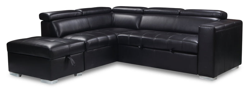 Sofa-lit sectionnel de gauche Drake 3 pièces en tissu d’apparence cuir avec pouf de rangement - noir